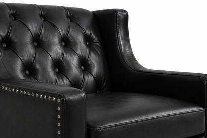 Black Faux PU Leather Accent Chair, Mid-Century Tufted Armchair with Nailhead Trim, Equipped with High Resilience Sponge Cushion & Solid Wood Legs, Comfortable Single Sofa for Living Room, Bedroom