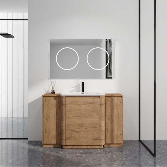 52" Freestanding Bathroom Vanity with White Ceramic Sink, and 2-Small Storage Cabinet Combination, Soft-Close Door, Imitative Oak, KD-Packing, Plywood