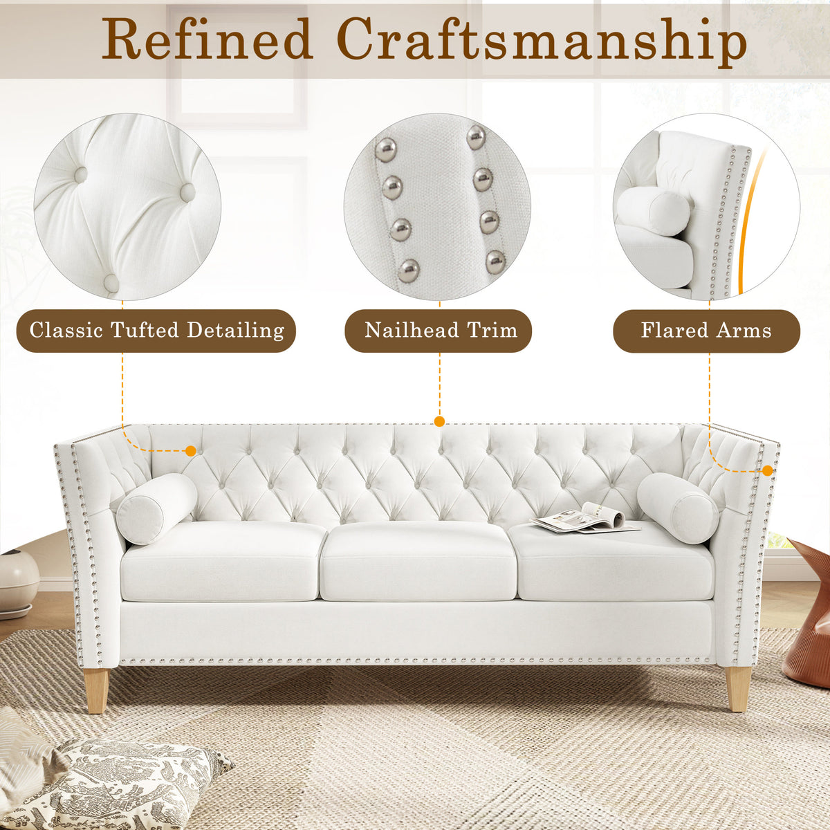Elegant Transitional 3-Seat Sofa with Flared Arms, Nailhead Trim & Solid Wood Legs, Comfortable Couch