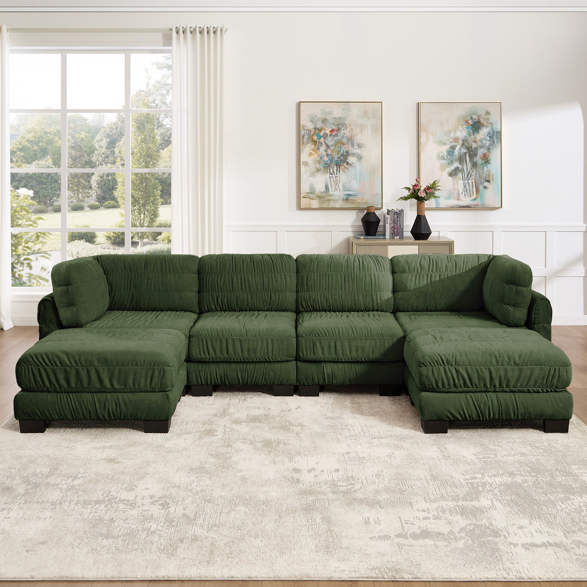 4 Seat Ruched Detailing Chenille Modular Sectional Sofa,Movable 2 Ottomans,High-Density Foam,L Shape Thickened  Back Cushions,Easy Assembly,For Living Room,Bedroom,Green
