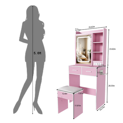 Small Makeup Vanity Desk with Mirror & Adjustable LED Lights, Built-in Power Outlet & Hidden Storage, Includes padded stool & Shelf