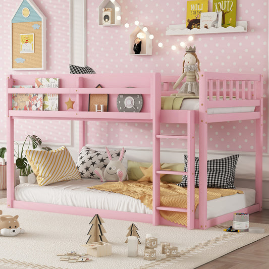 Low Twin Over Twin Bunk Bed, Floor Bunk Bed with Ladder, Solid Wood Twin Bunk Bed for Kids & Juniors, Pink(Old SKU W2593P375491  Expect Arrival Date 2026/9/1)