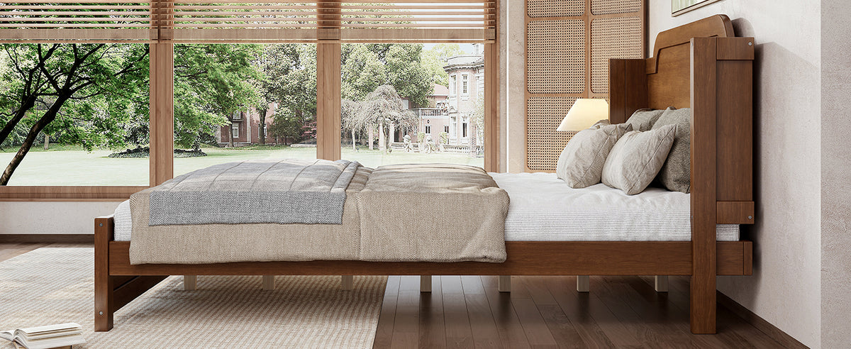Queen Solid Wood Platform Bed with Headboard Brown Finish & Minimalist Design, Easy Assembly, No Box Spring Needed Traditional Wood Bed Frame.Brown
