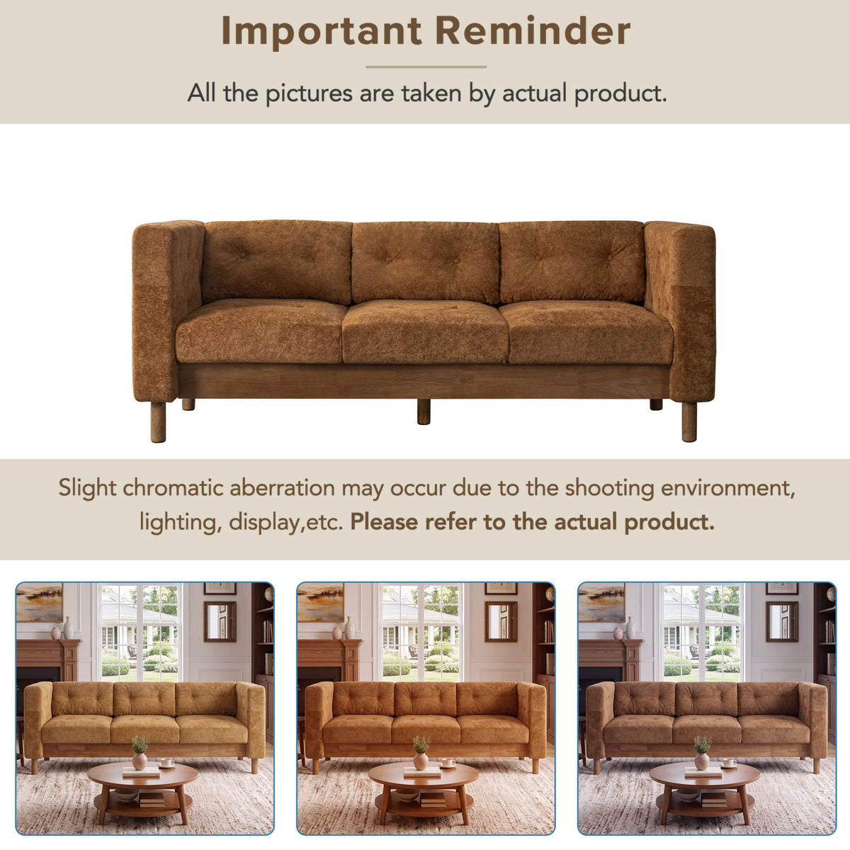78" Modern 3 Seater Sofa Chenille Upholstered Couch with Square Arms, Tufted Pillow Back & Natural Rubber Wood Legs Multi Cushion Sofa for Living Room and Apartment Leisure Corner, Orange