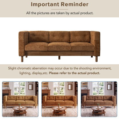 78" Modern 3 Seater Sofa Chenille Upholstered Couch with Square Arms, Tufted Pillow Back & Natural Rubber Wood Legs Multi Cushion Sofa for Living Room and Apartment Leisure Corner, Orange