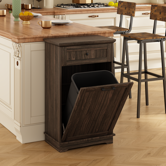 10 Gallon Tilt Out Trash Cabinet Freestanding Trash Bin Cabinet Wood Garbage Recycling Cabinet with Hideaway Drawer Pet Proof Trash Can Holder for Kitchen Living Room, Antique Brown (not include can)