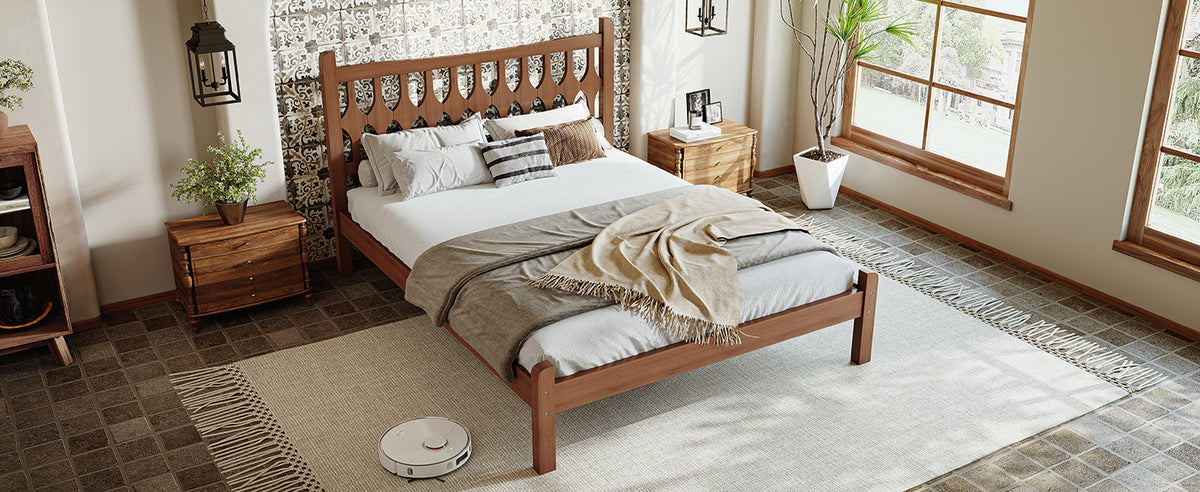 Full Size Bamboo Platform Bed with Diamond-shaped headboard, Solid Bamboo-made Bed Frame with Support Slats, for Bedroom, Guest Rooms, Brown