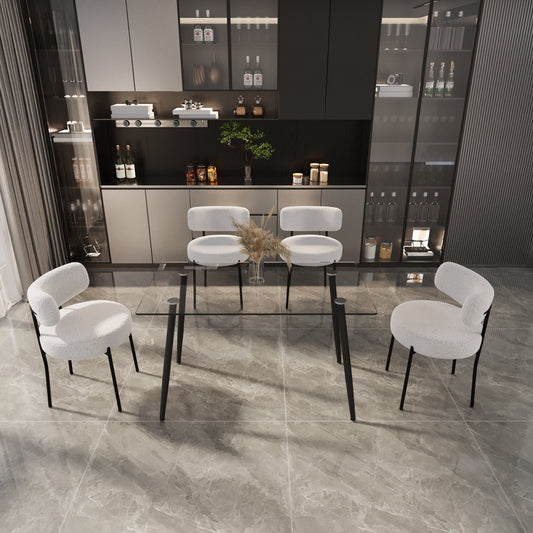51.2'' x 27.5'' Dining Table Set with Black Metal Legs - Modern Glass Table and 4 White Teddy Velvet Chairs, Perfect for Stylish Dining Spaces