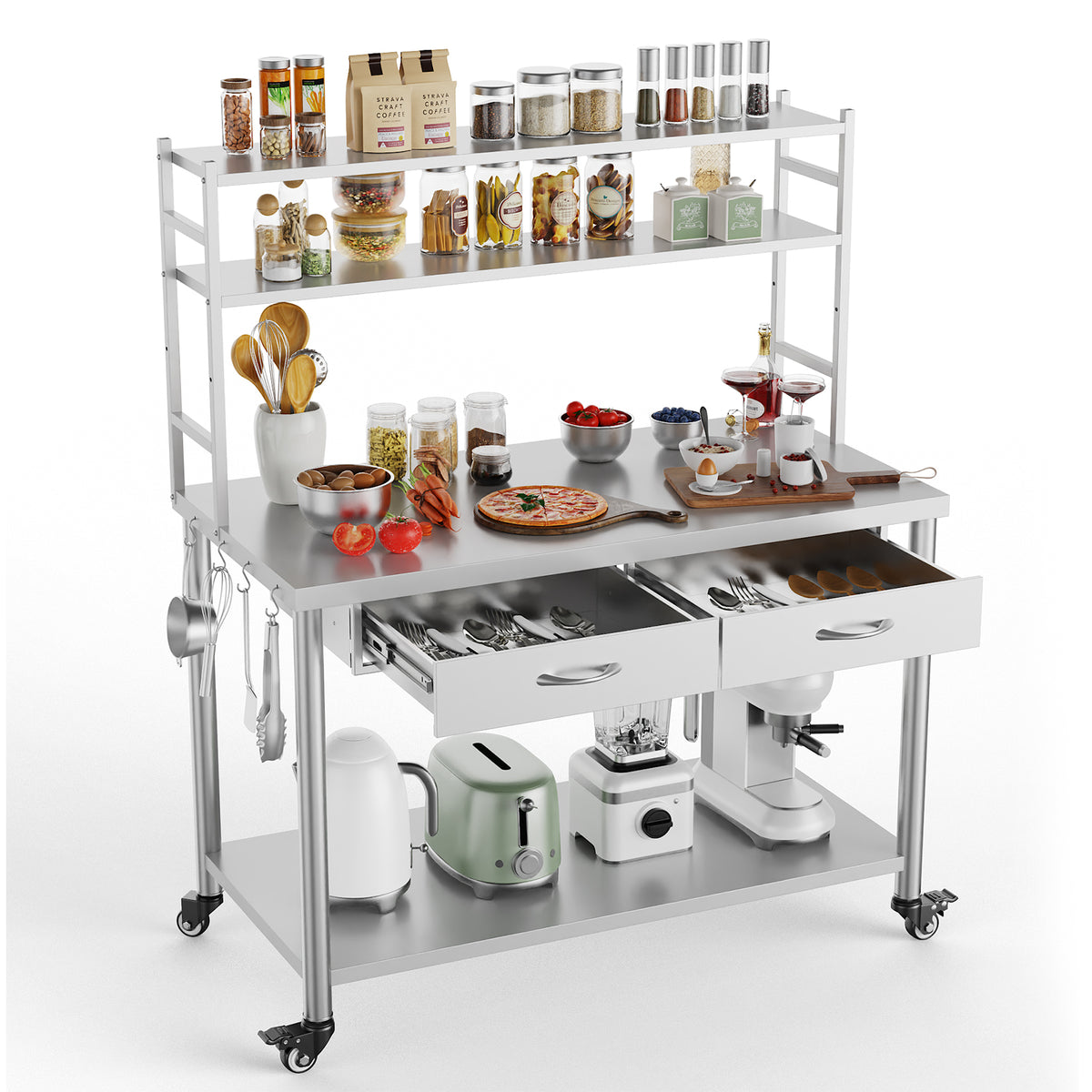 Stainless Steel Table with Shelves and Drawer, Stainless Steel Work Table with Overshelves, Adjustable Shelf and Hooks, Kitchen Prep Table for Commercial Kitchen, Restaurant and Garage