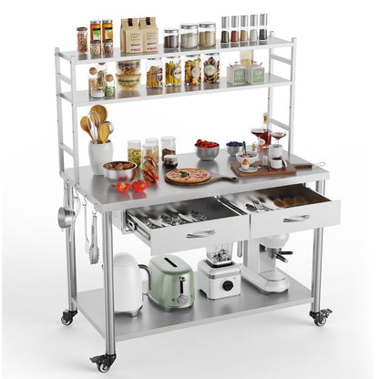 Stainless Steel Table with Shelves and Drawer, Stainless Steel Work Table with Overshelves, Adjustable Shelf and Hooks, Kitchen Prep Table for Commercial Kitchen, Restaurant and Garage
