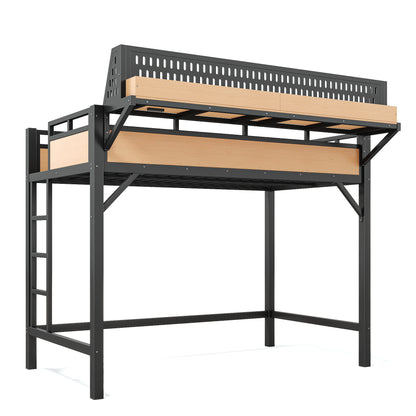Twin XL size Loft Bed Frame with Storage Shelves and Pegboard, Metal Loft Bed with USB Ports and LED Lights, Safe and Sturdy, Natural
