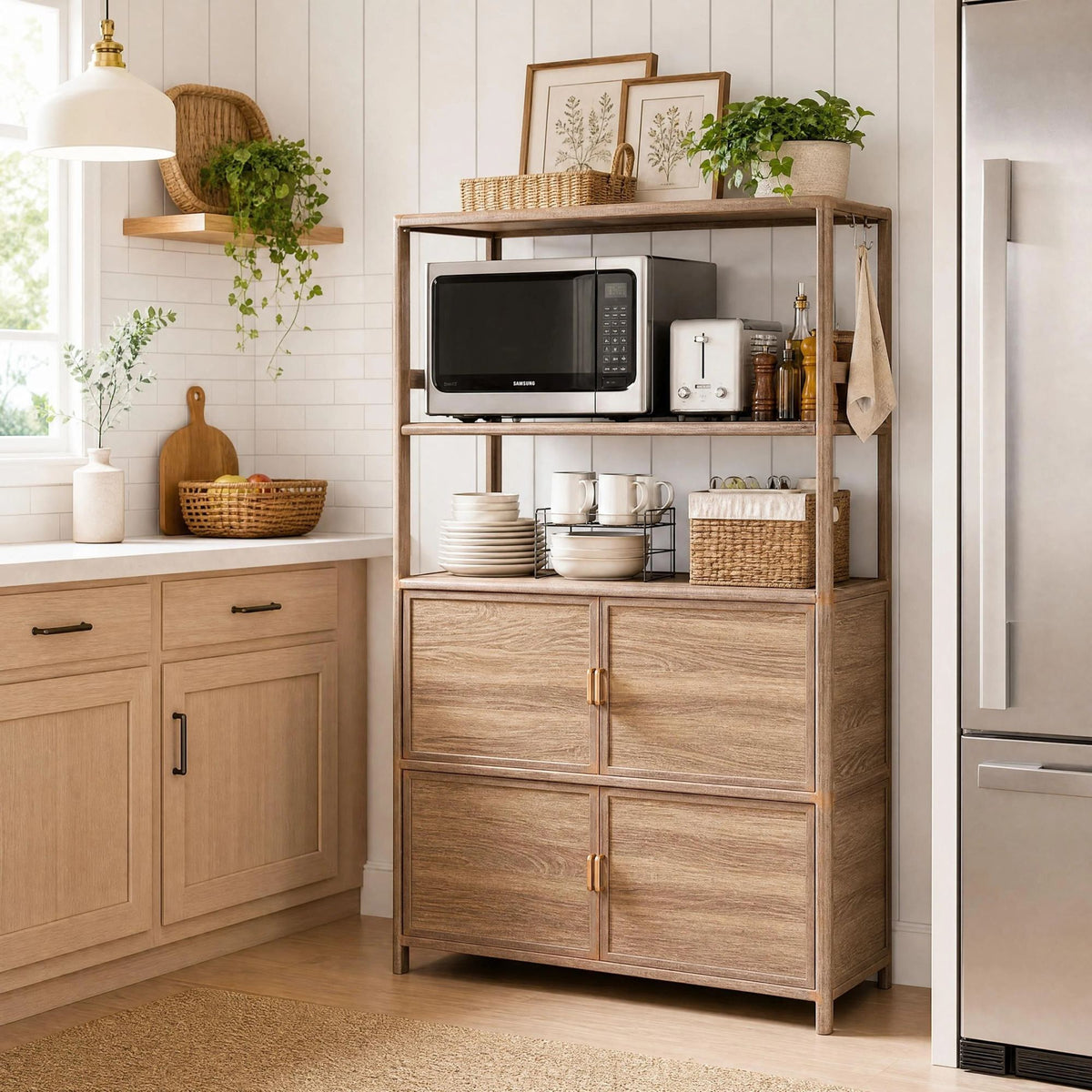 Tall Storage Cabinet with Open Shelving, 35.00" W x 16.73" D x 68.11" H, Freestanding Wood-Grain Aluminum Storage Cabinet with 4-Door Closed Storage for Kitchen, Entryway, Patio & Garage
