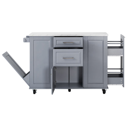 K&K 50.7" Kitchen Island with Storage Tilt Trash Can Cabinet and Pull Out Cabinet Organizer – Blue