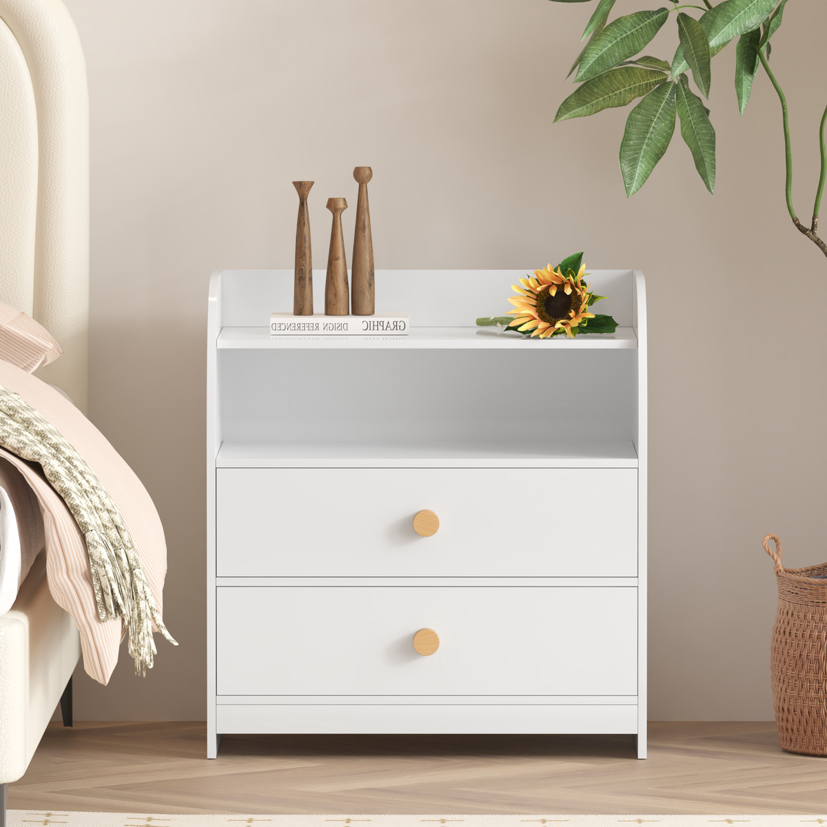 White Nightstand with 2 Drawers and Open Shelf, MDF Bedside Table with Curved Side Panels, Modern End Table for Bedroom, Kids Room, Nursery, Living Room, Storage Cabinet for Adults and Children