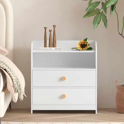 White Nightstand with 2 Drawers and Open Shelf, MDF Bedside Table with Curved Side Panels, Modern End Table for Bedroom, Kids Room, Nursery, Living Room, Storage Cabinet for Adults and Children