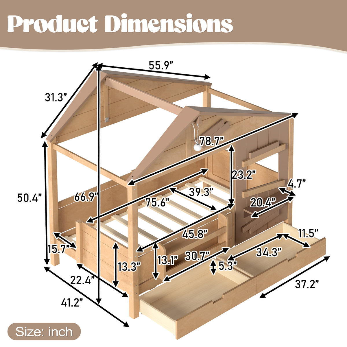 Twin Size Farmhouse Spliced House Bed with Window Shelf & Side Hooks, Playhouse Bed Frame with Underbed Storage Drawers and LED,Light Natural