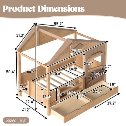 Twin Size Farmhouse Spliced House Bed with Window Shelf & Side Hooks, Playhouse Bed Frame with Underbed Storage Drawers and LED,Light Natural