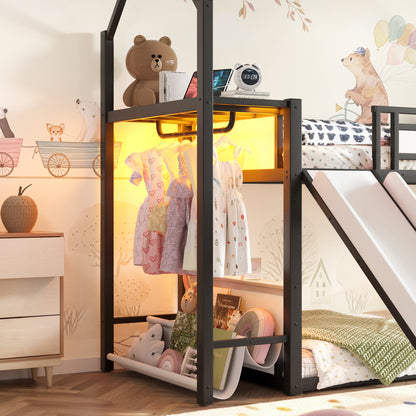 Twin Over Twin Metal Bunk Bed with Slide, LED Clothing Hanging Area, Fabric Storage Shelf & Power Outlet, Childlike Playhouse bunk bed Frame with low-profile design for Kids Girls,boys, Black