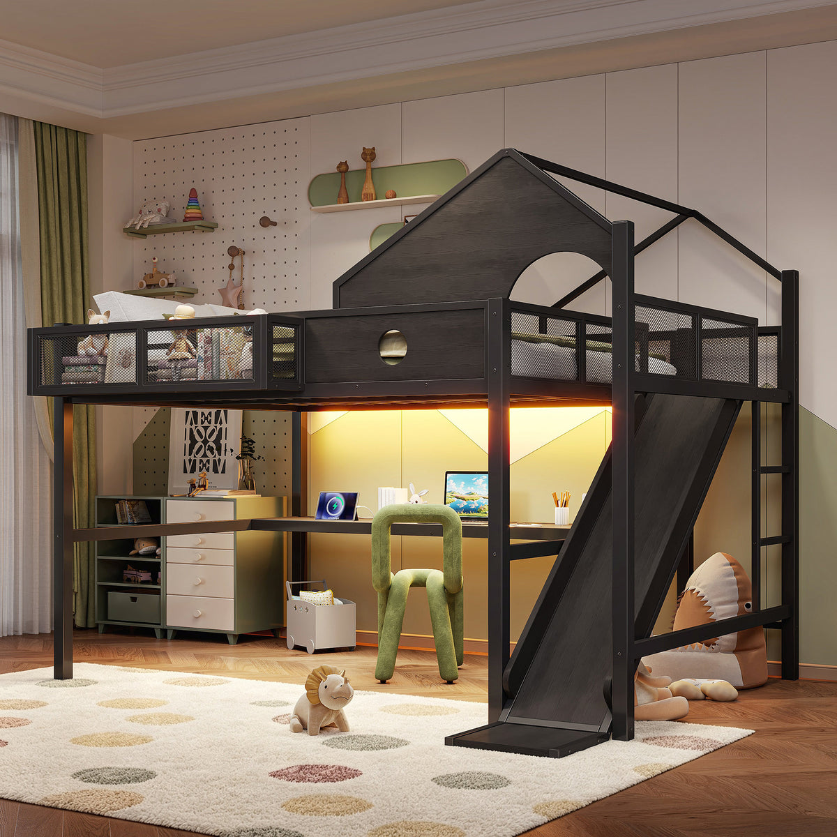 Queen Size Multifunctional Loft Bed with Slide, Desk,and Storage Shelves, Metal Loft Bed Frame With USB Ports And Led Lights, Triangular Geometry House Design, Black