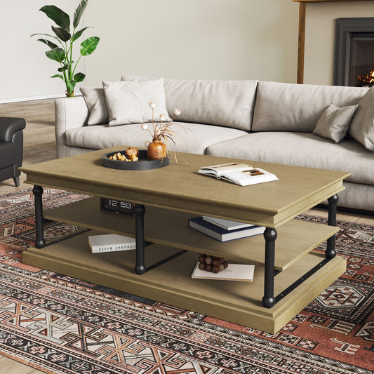 55.1" Wood Coffee Table with Black Legs, 2 Open Storage Shelves, Modern Living Room Table, Brown
