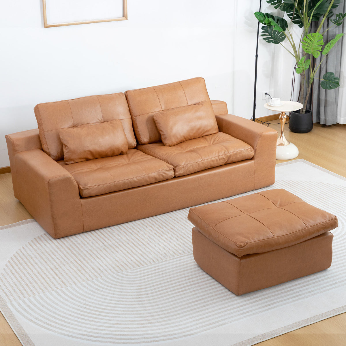 Faux Leather L-Shaped Sectional Sofa with Movable Ottoman High Density Compressed Sponge Modular 2-Seater Upholstered Couch with Throw Pillows for Living Room Hotel Apartment