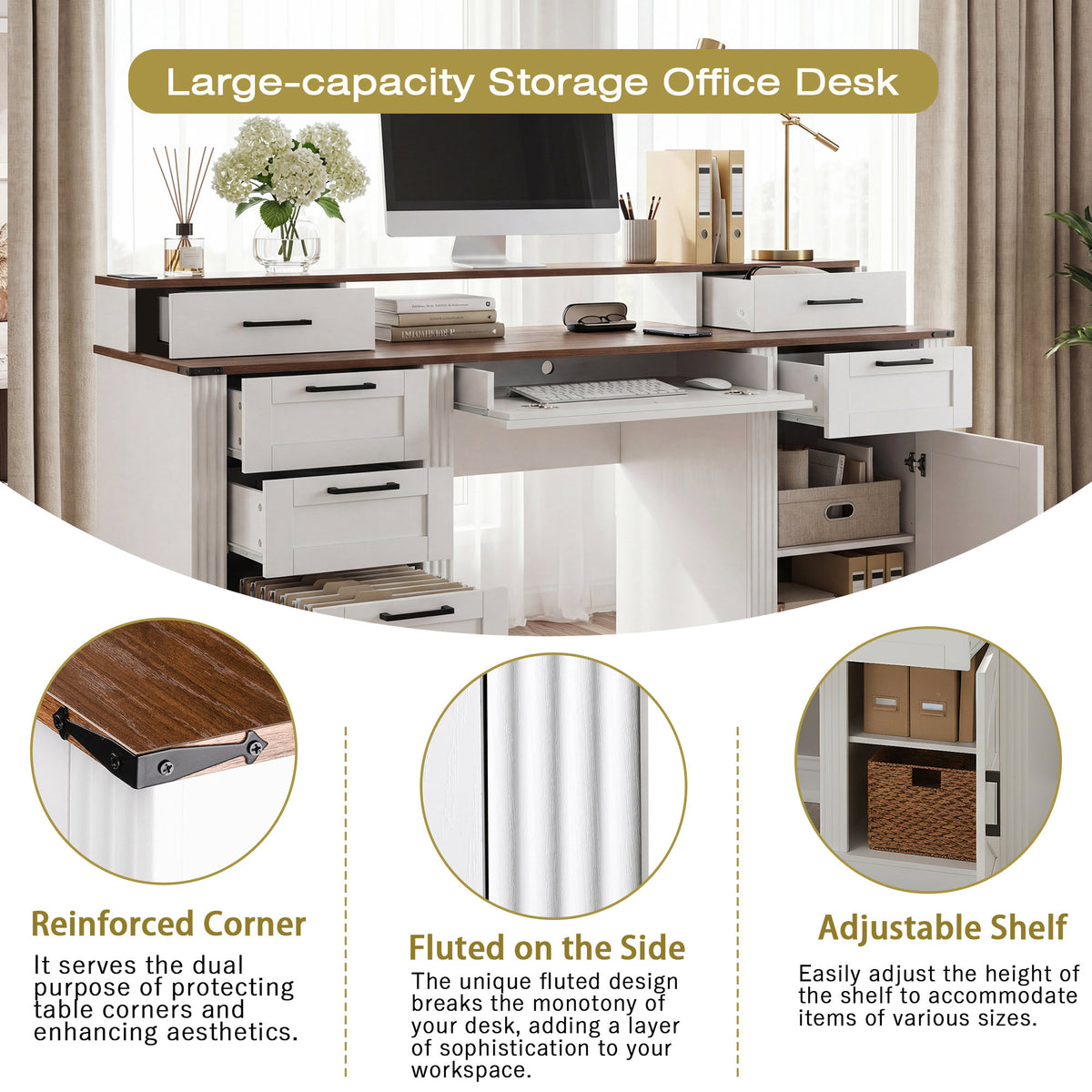 White Farmhouse Office Desk with Charging Station, Monitor Stand & Storage Cabinet, Barn Door Design, MDF, 59.5' L x 21' W x 35.8' H