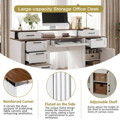 White Farmhouse Office Desk with Charging Station, Monitor Stand & Storage Cabinet, Barn Door Design, MDF, 59.5' L x 21' W x 35.8' H