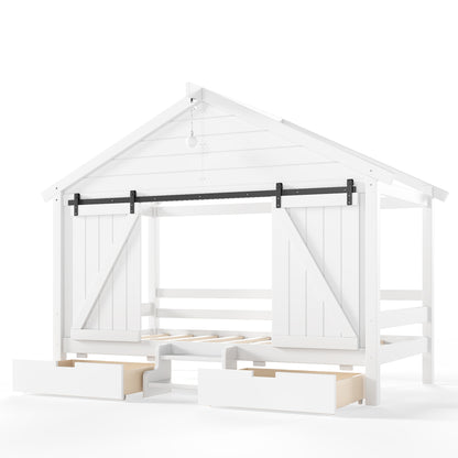 Twin Size Farmhouse Bed with Sliding Barn Door and Light Bulb, Wood house Bed Frame with Stair and Drawers, White
