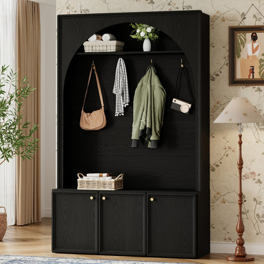 ON-TREND Farmhouse All-in-One Hall Tree with Adjustable Shelves, Retro Arched Entryway Storage Bench with 3 Cabinets, Wooden Coat Rack Organizer with 4 Golden Hooks for Mudroom, Hallway, Black