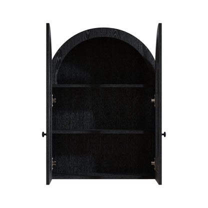 Arched Wall Mounted Cabinet, Wood Veneer Wall Storage Cabinet with Tempered Glass Doors, Adjustable Shelf, Easy Hanging Hardware Included, Decorative Floating Wall Cabinet for Laundry Room, Black