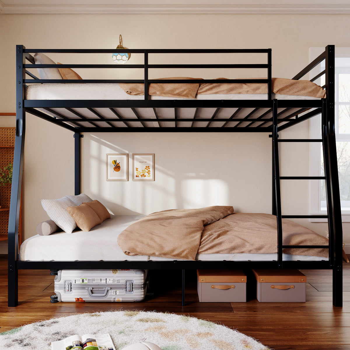 Metal Bunk Bed, Heavy Duty Full Over Queen Bunk Beds with 5 Extra Support Legs, 990 lbs Capacity, Noise-Free & Anti-Tip Design, 13.3" Safety Guardrail, Space-Saving Bed for Kids, Teens & Adults, Black