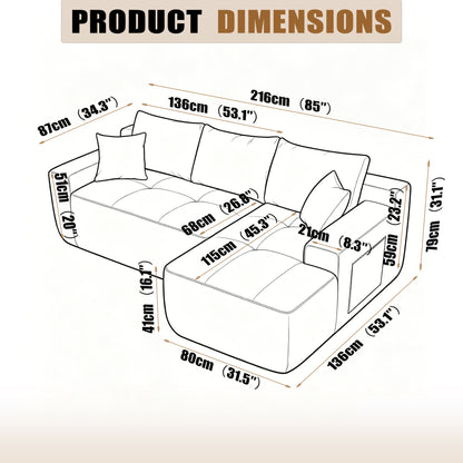 85' Cloud Sectional Couch with L-Shape Chaise,Modern Modular Sofa with Deep Seat, Upholstered Couches for Living Room Bedroom,No Assembly Required, (Cotton linen Fabric),Blue