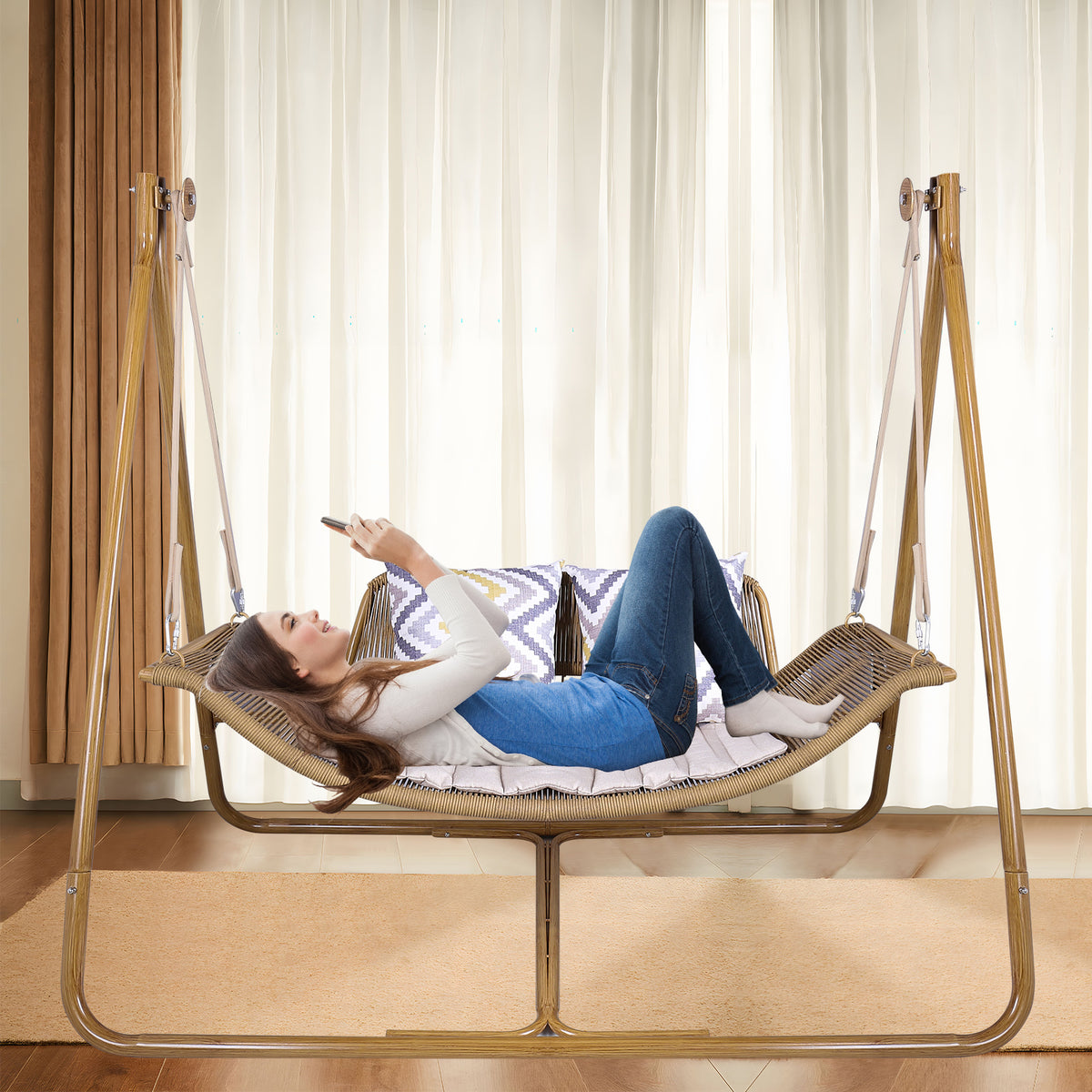 W2707P184379 Freestanding Double Egg Swing Chair with Stand, 570LBS Hammock Loveseat, Anti-Rust Wood Grain Alloy Frame, Plush Cushion, All Weather Wicker Lounge for Indoor Outdoor Patio Balcony Garden