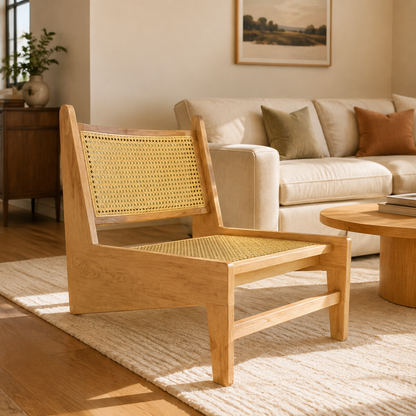 Modern Mid Century Accent Chair, Rattan Lounge Chair for Living Room, Boho Side Corner Comfy Wood Chair for Bedroom and Balcony, Natural