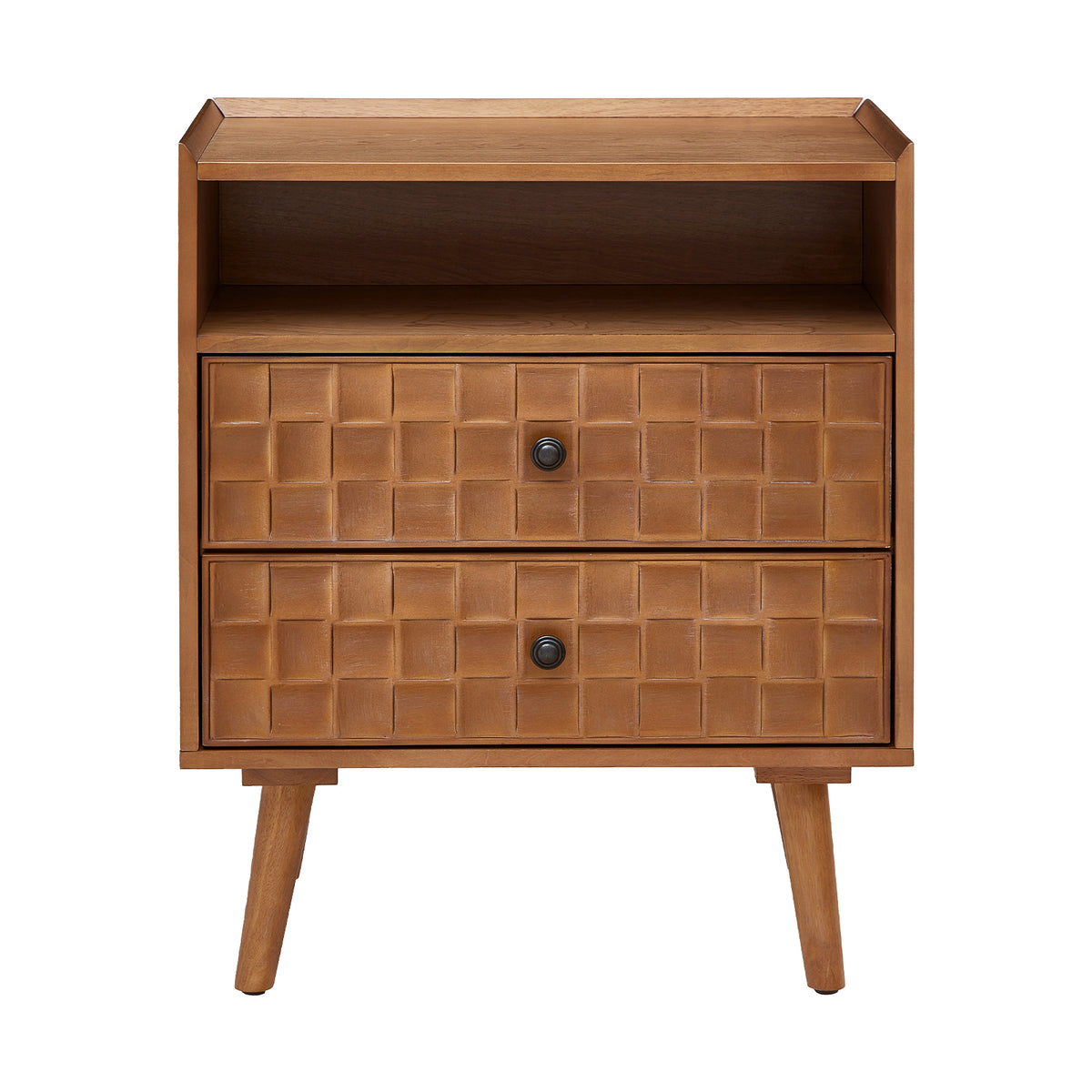 Nightstand with Charging Station, 2 Drawer Bedside Table with Shelf  Features geometric drawer fronts, open storage, USB and AC charging, and solid wood legs for everyday convenience