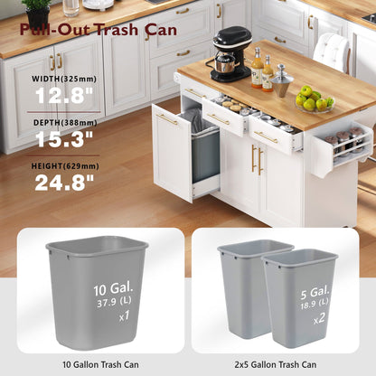 K&K 59.3" Kitchen Island with Storage 2 Pull Out Cabinet Organizers & Rubber Wood Drop Leaf, Rolling Kitchen Island with Trash Can Storage
