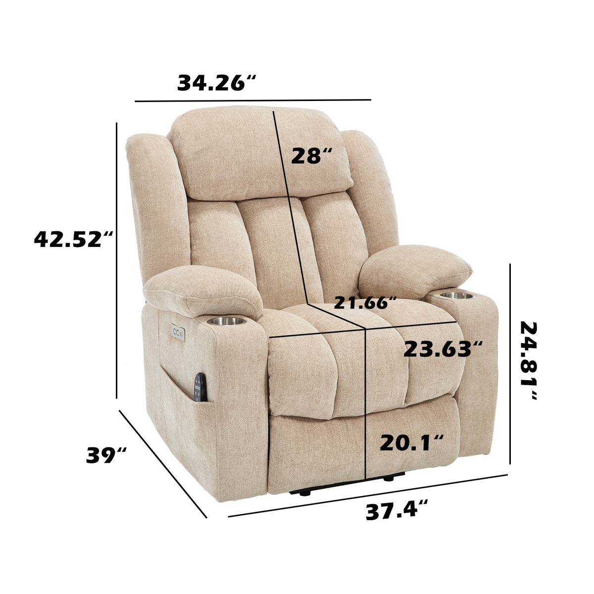 Up to 350 LBS Chenille Power Lift Recliner Chair, Heavy Duty Motion Mechanism with 8-Point Vibration Massage and Lumbar Heating, USB and Type-C Ports, Stainless Steel Cup Holders, Beige