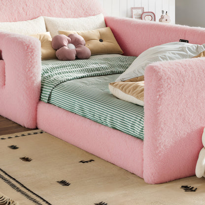 Twin Upholstered Kids Bed, Cute BearShaped Upholstered Floor bed, Children Bed Frame with Removable MagicTape Headboard, Low Floor Bed for Kids,White&Pink