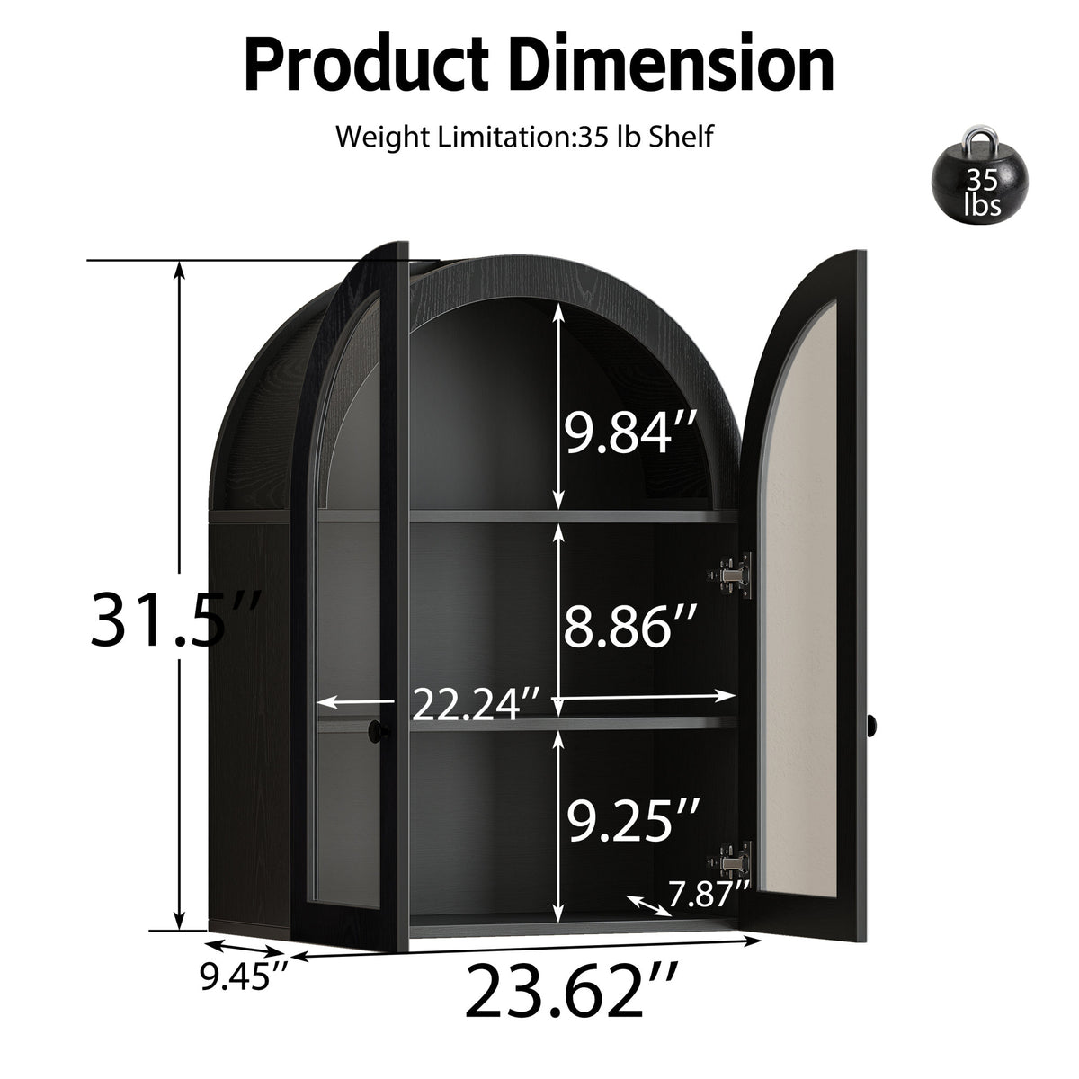 Arched Wall Mounted Cabinet, Wood Veneer Wall Storage Cabinet with Tempered Glass Doors, Adjustable Shelf, Easy Hanging Hardware Included, Decorative Floating Wall Cabinet for Laundry Room, Black