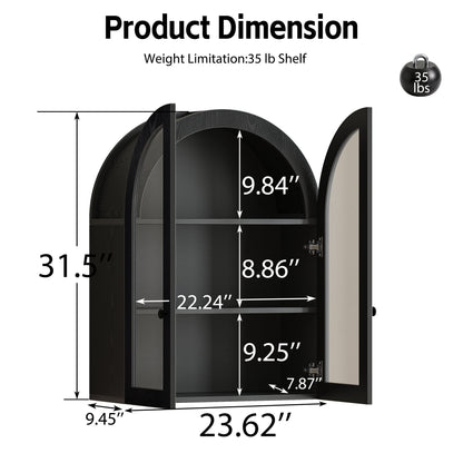 Arched Wall Mounted Cabinet, Wood Veneer Wall Storage Cabinet with Tempered Glass Doors, Adjustable Shelf, Easy Hanging Hardware Included, Decorative Floating Wall Cabinet for Laundry Room, Black