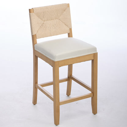 Hand‑Woven Rattan Counter Height Bar Stools Set of 2, 27 Inch Seat Height, Linen Upholstered Barstools with S‑Spring & High‑Density Sponge Cushion, Solid Wood Frame for Kitchen Island,SW1872MT