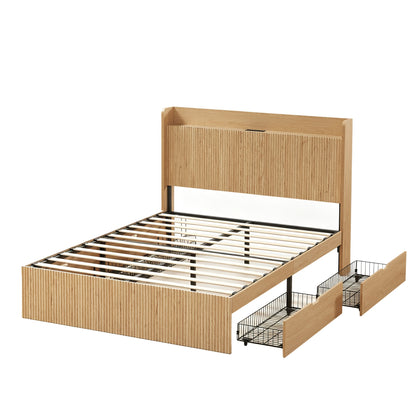 Queen Size Platform Bed Frame with 4 Storage Drawers and Built-in Charging Station, Wooden Storage Box Bed, Large Capacity Organizer Bed Frame for Bedroom,Natural