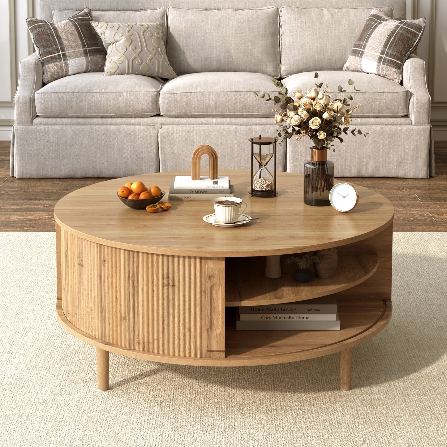 U-Can Minimalist Round Lift-Top Coffee Table with Hidden Storage, Sliding Door, Pine Legs, and Wood Wave Finish