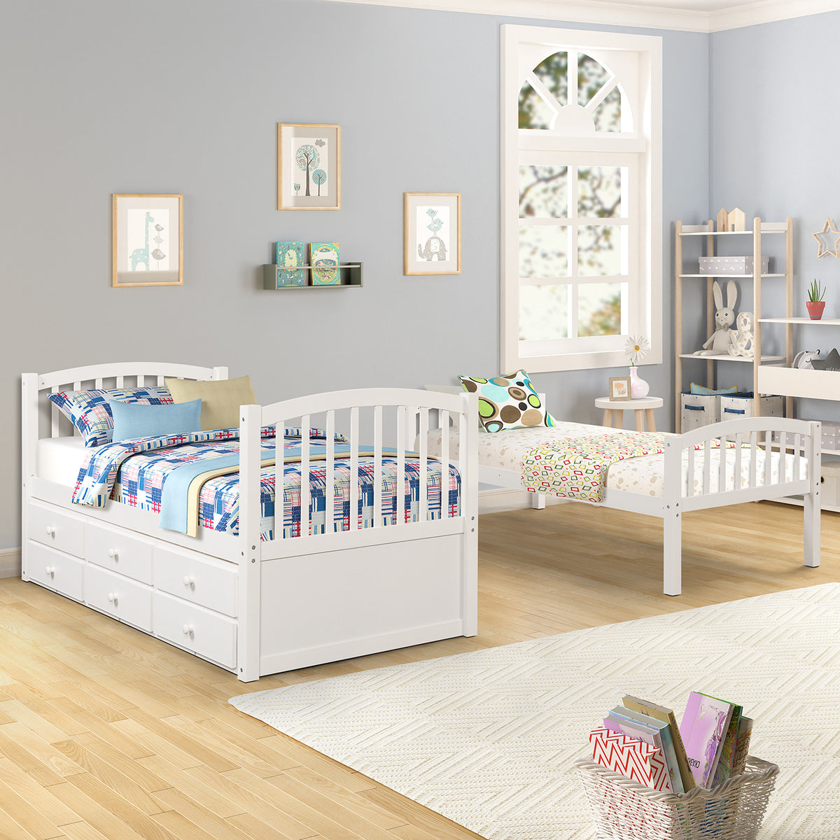 Twin Bunk Bed with Ladder, Safety Rail, Twin Trundle Bed with 3 Drawers for Teens Bedroom, Guest Room Furniture(White)(OLD SKU :LT000071AAK)
