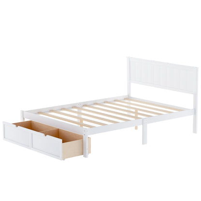 White Full Size Platform Bed with Under-bed Drawers, Solid Pine Wood and MDF, 78.3''L x 58.5''W x 36.2''H
