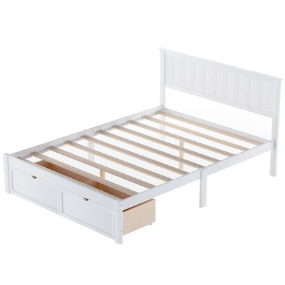 White Full Size Platform Bed with Under-bed Drawers, Solid Pine Wood and MDF, 78.3''L x 58.5''W x 36.2''H