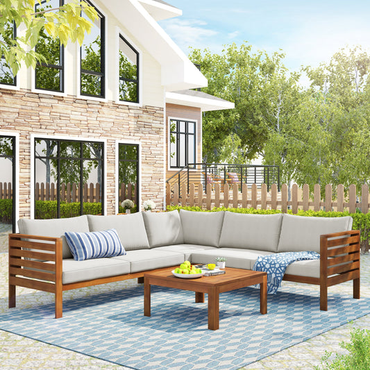 <Old SKU: FV201207AAK. Note: Modify Size>Wood Structure Outdoor Sofa Set with beige Cushions Exotic design Water-resistant and UV Protected