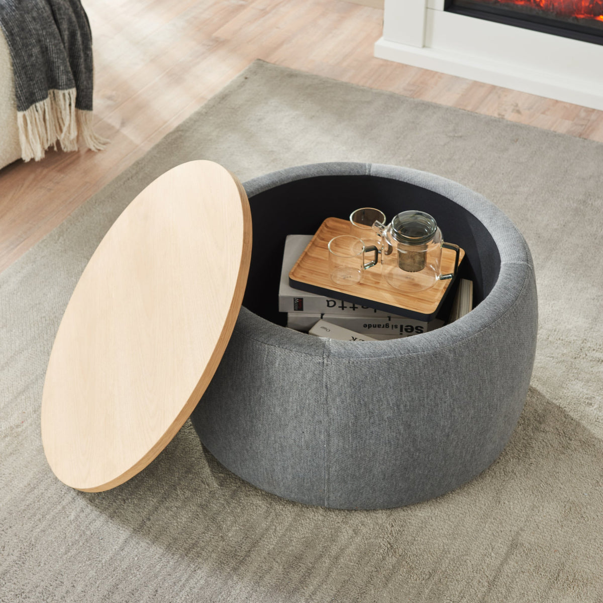 Round Storage Ottoman, 2 in 1 Function, Work as End table and Ottoman, Dark Grey (25.5'x25.5'x14.5')