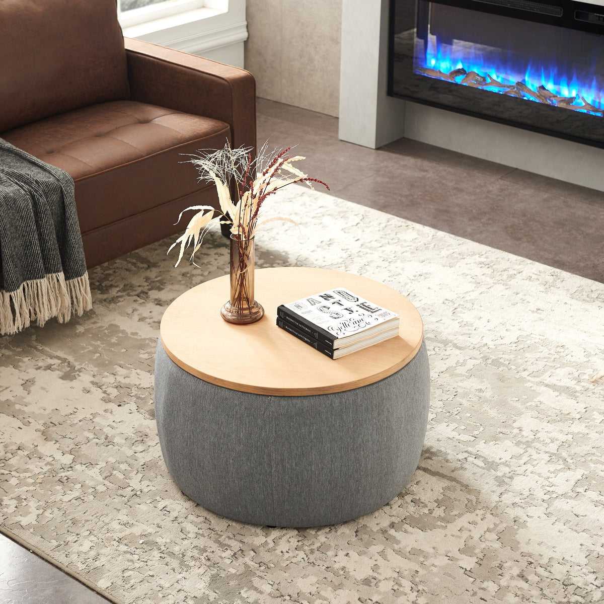 Round Storage Ottoman, 2 in 1 Function, Work as End table and Ottoman, Dark Grey (25.5'x25.5'x14.5')