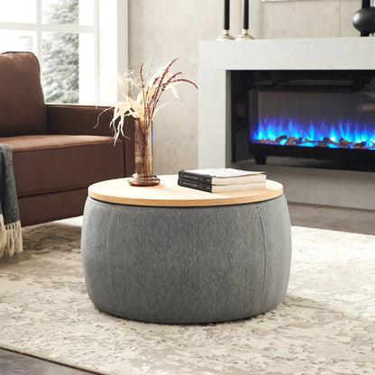 Round Storage Ottoman, 2 in 1 Function, Work as End table and Ottoman, Dark Grey (25.5'x25.5'x14.5')